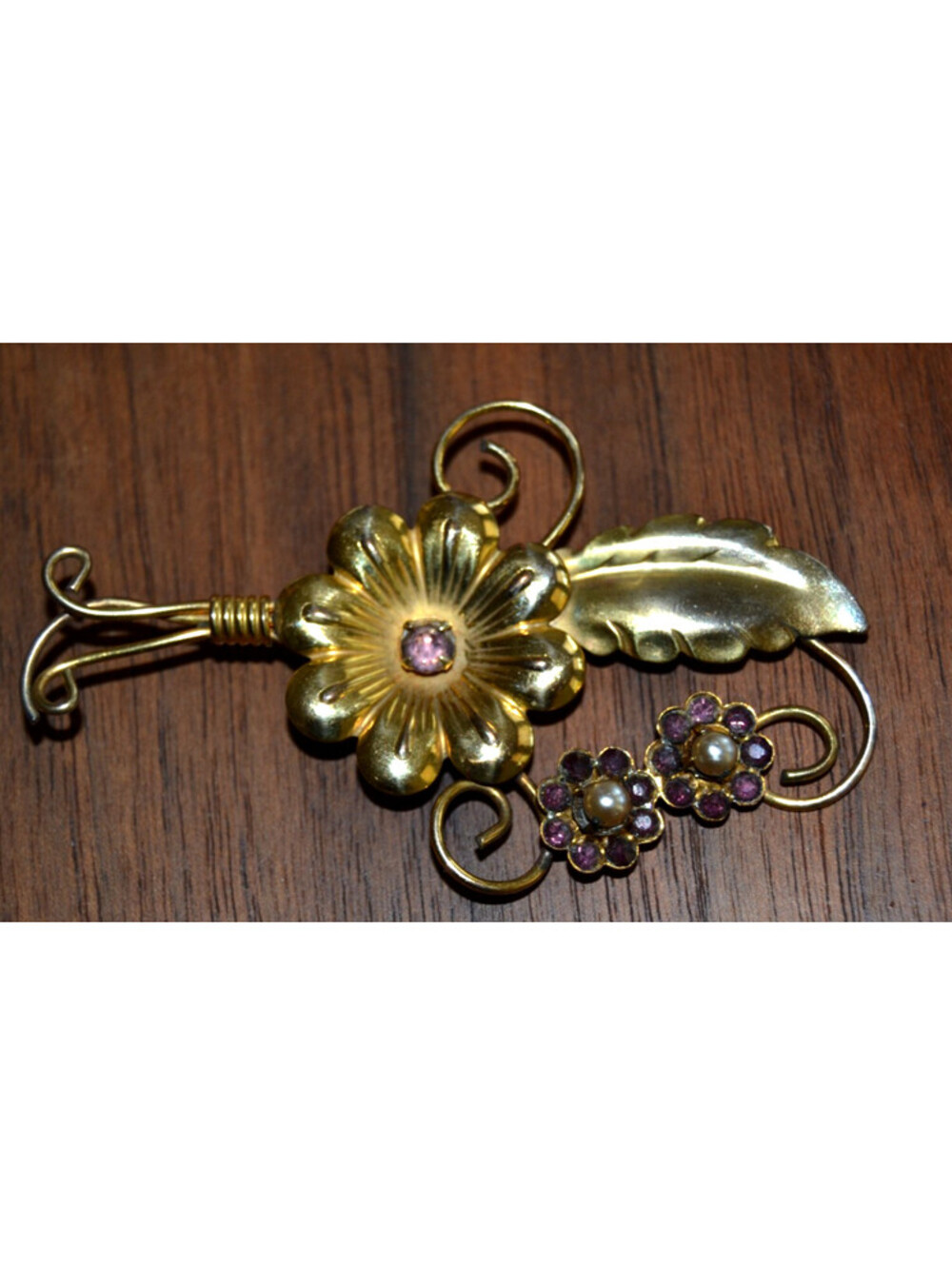 Vtg  Atlas 1/20 12k Gold Filled FLORAL Brooch Pin Signed Faux Pearls Gemstones